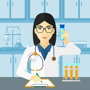做女实验素材在实验室做笔记的女科学家插画