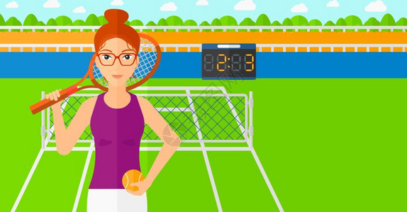 一名女性在网球场上打网球矢量卡通插画图片