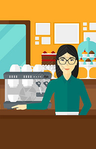 咖啡柜台一位站在咖啡机旁的服务员插画