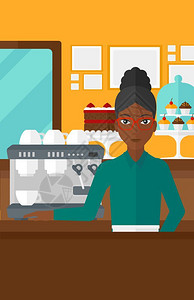 咖啡柜台一位站在咖啡机旁的非裔女店员插画