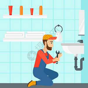 装配工一个长着胡子的工人在浴室里修一个水槽插画