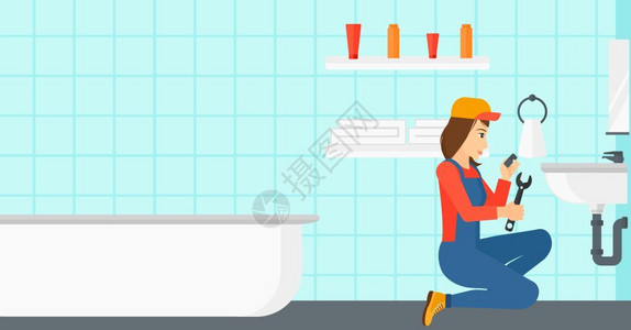 女人维修浴室插画图片
