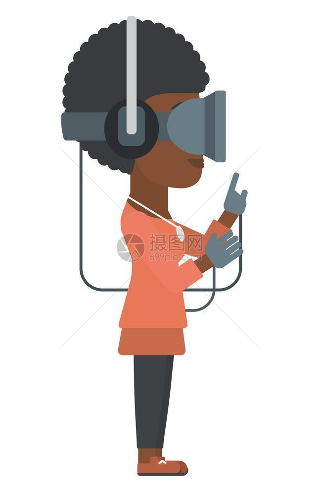 一名非洲美国妇女身着虚拟反光头耳机矢量平板设计图图片