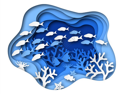 阿费恩海底珊瑚礁和鱼类海藻蓝底折纸矢量背景插画