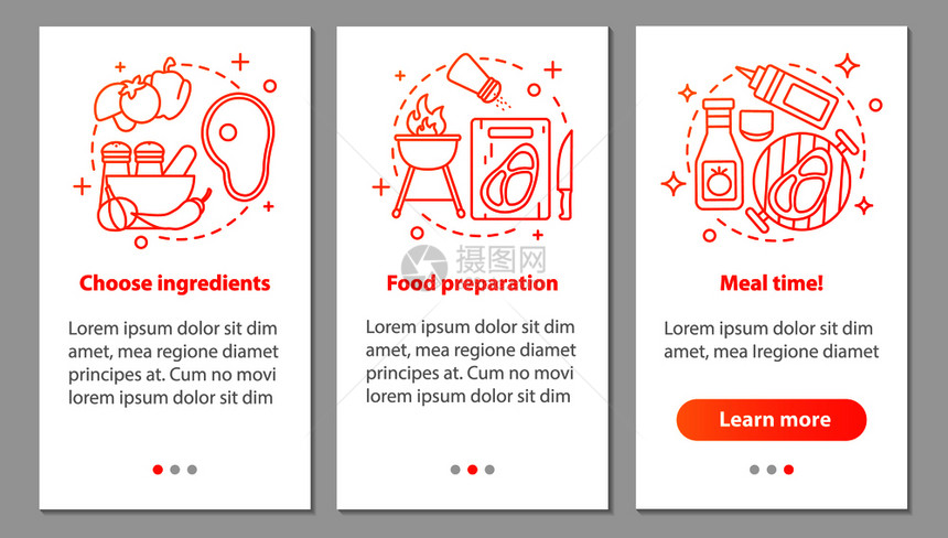 使用线概念选择成份食品准备饭时间步骤图形说明uxig带插图的矢量模板用线概念烹饪移动应用程序屏幕图片