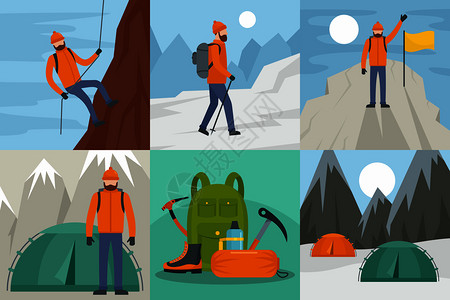高山症登山设备人旗概念集成平面显示6个登山设备人矢量横幅概念集成平面显示6个登山设备人矢量横幅概念集成插画
