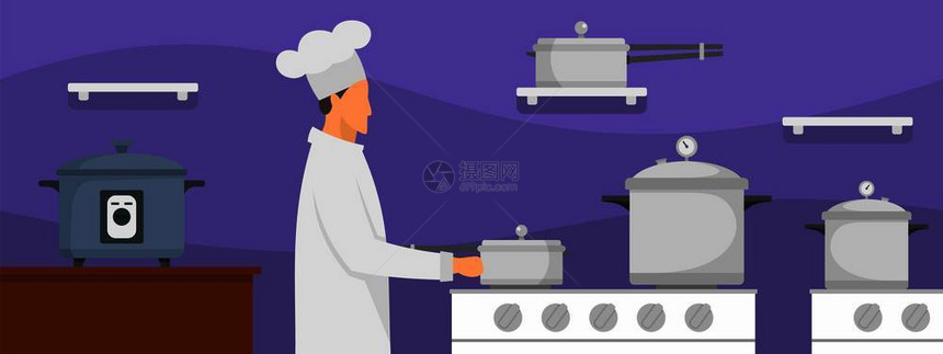 厨房主横的厨房主矢量的平面插图用于网络设计厨房主的横平板风格图片
