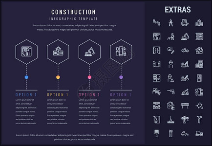 建筑工程设计建筑工程选择图示模板元素和图标表包括由建筑工人具修理人员房屋建筑项目等组成的线图标建筑示模板和元素插画
