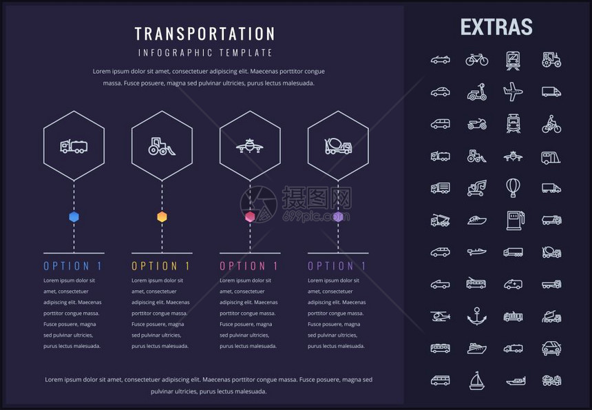 运输选项信息模板元素和图标信息表包括由运输车辆卡拖飞机行热气球建筑车辆等组成的线路图标以及运输信息模板和元素图片