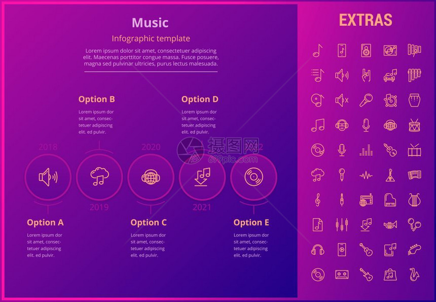 音乐选项信息模板元素和图标信息表包括带有乐器音笔记麦克风智能手机和移动应用程序乙烯记录等同器内容的线条图标音乐信息模板元素和图标图片