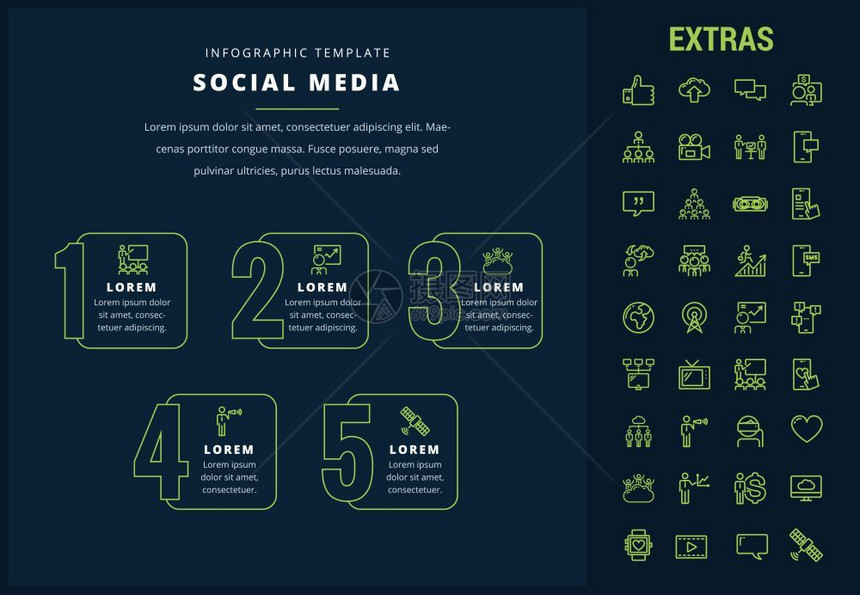 社交媒体选择信息模板元素和图标信息表包括以tv集网络连接电子邮件互联网技术组织图手机等组的线图标社交媒体信息模板元素图标图片