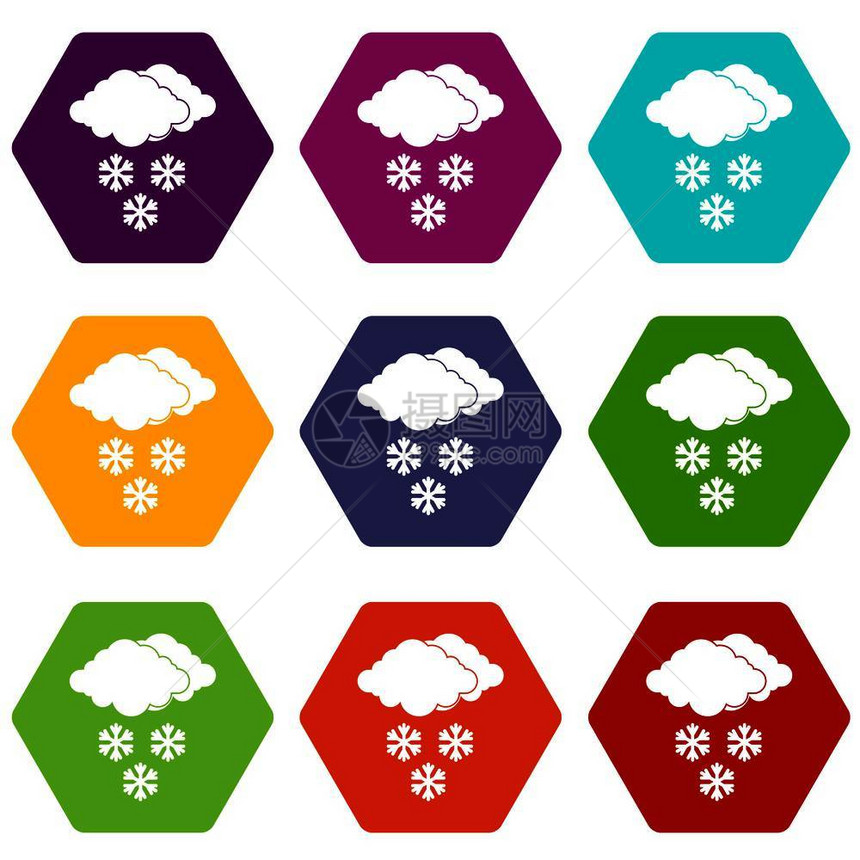 云花和雪图标设定了在白色矢量说明中孤立的许多色六环云和雪花图标设定了六环颜色图片