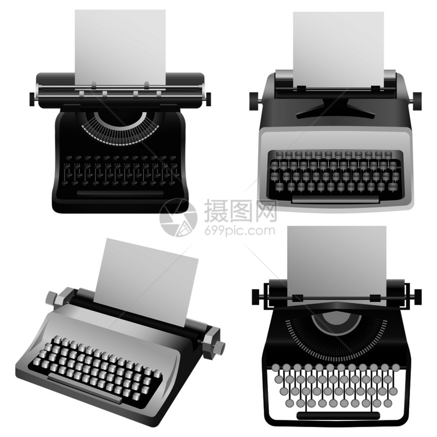 4台打字机钥匙用于网络的老模型打字机旧模型装置实事求是的风格图片