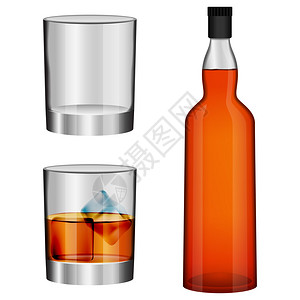 蒸馏酒威士忌瓶玻璃装饰套件现实的插图3个威士忌瓶玻璃用于网络的3个威士忌瓶玻璃矢量模型威士忌瓶玻璃模型套件现实的风格插画