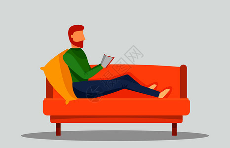 男人躺在沙发上看书在沙发上看书的男人插画