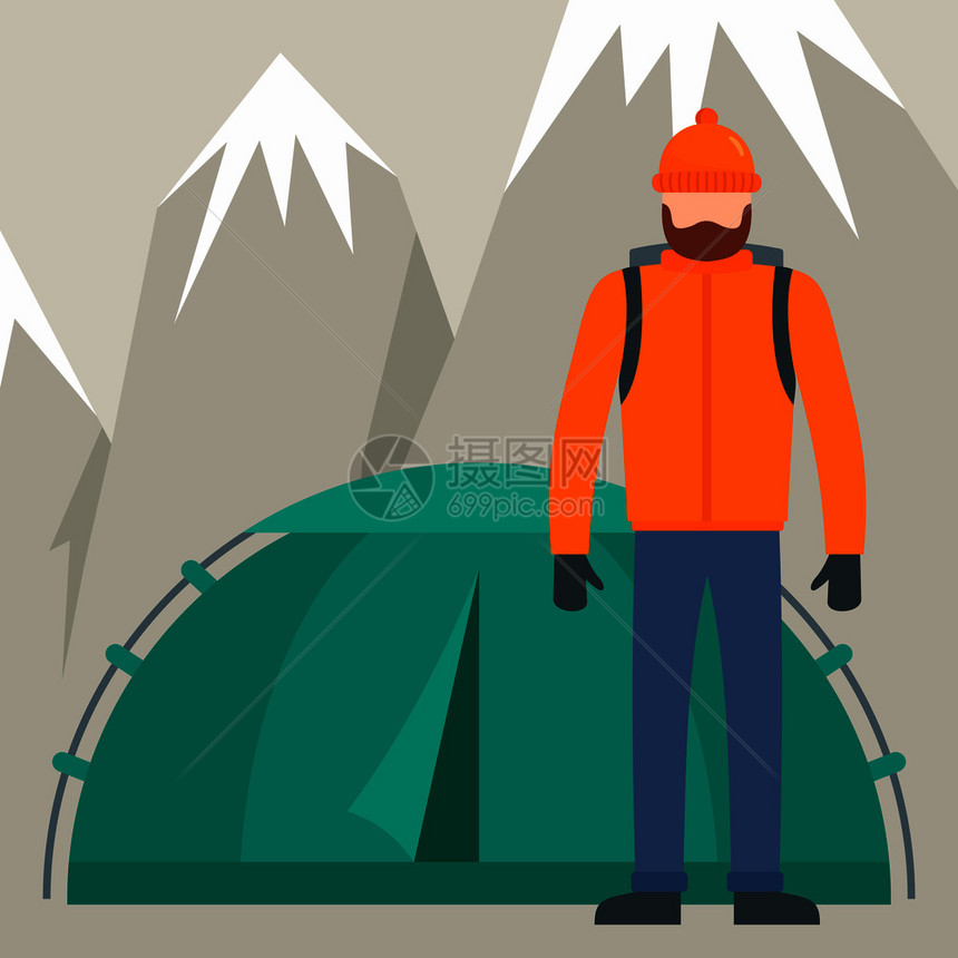 帐篷背景附近的登山男子平面图示图片