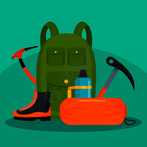 高山症徒步包带有工具和鞋子矢量背景插画