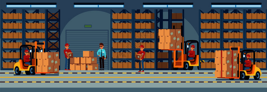 叉车工人在仓库的里工作的工人插画