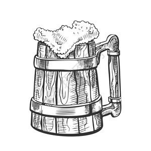 木糠杯含铁环的木杯和冒泡沫的啤酒矢量元素插画