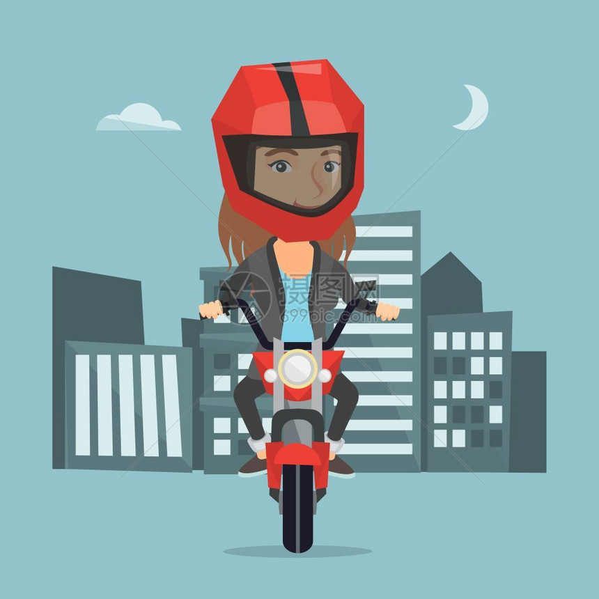 在夜市背景下骑摩托车戴头盔的妇女图片
