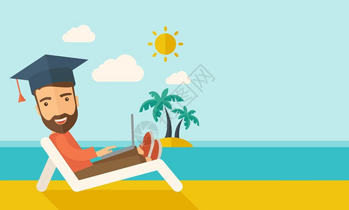 一位年轻男子坐在沙滩上身着毕业帽子在阳光下海滩上戴着笔记本电脑插图图片
