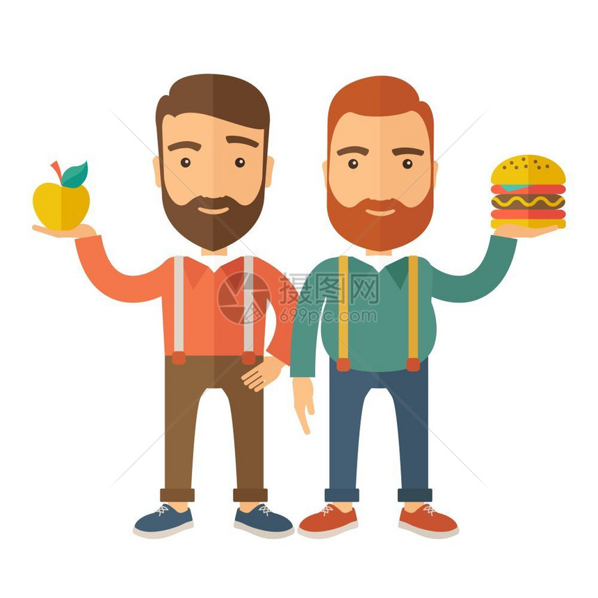 a两名商人站立比较苹果与汉堡其中的是健康食品一种当代风格有糊调色盘软米背景矢量平板设计图示方形布局两名商人将苹果与汉堡比较图片