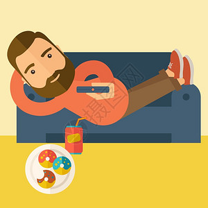 看电视的男人一位躺在沙发上看电视的男子插画