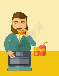 胖子吃汉堡一个在笔记本电脑工作时喝汉堡薯条和苏打水的胖子商插画