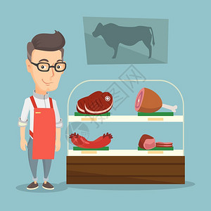 在屠宰场上展示新鲜肉品的销售员背景图片