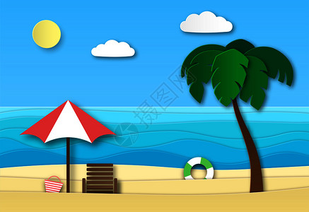折纸夏季度假抽象景观有沙海浪和太阳矢量背景图片