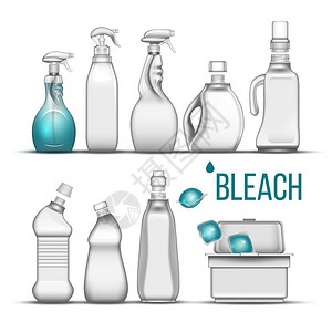 用于漂白清洁剂成套病媒的塑料瓶装有帽子的不同瓶喷雾剂和清洁物质蒸气和液体肥皂的容器箱现实的3d插图漂白剂成套病媒的塑料瓶子背景图片