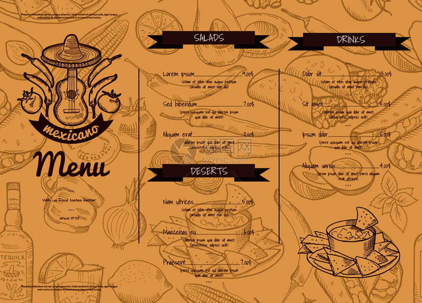 含有草图墨西哥食用品要素的矢量横向餐厅或咖啡馆模板图片