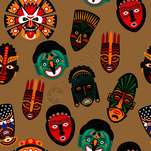 部落艺术African掩罩无缝模式African掩罩无缝模式插画