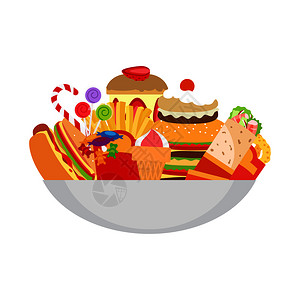 淀粉食物汉堡薯条等食物组合矢量元素插画