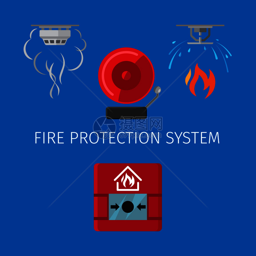蓝背景的防火和警报系统矢量图图片