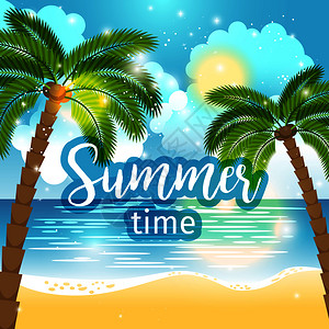 夏季海洋和棕榈树蓝色设计矢量背景图片