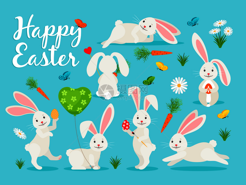 东兔子矢量插图东兔子横幅收藏的快乐兔子东横幅设计图片