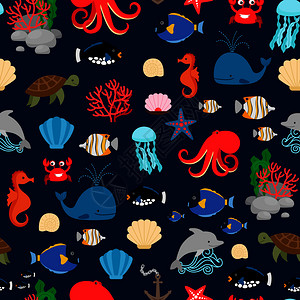 水母元素深蓝背景的海洋生物矢量背景图插画