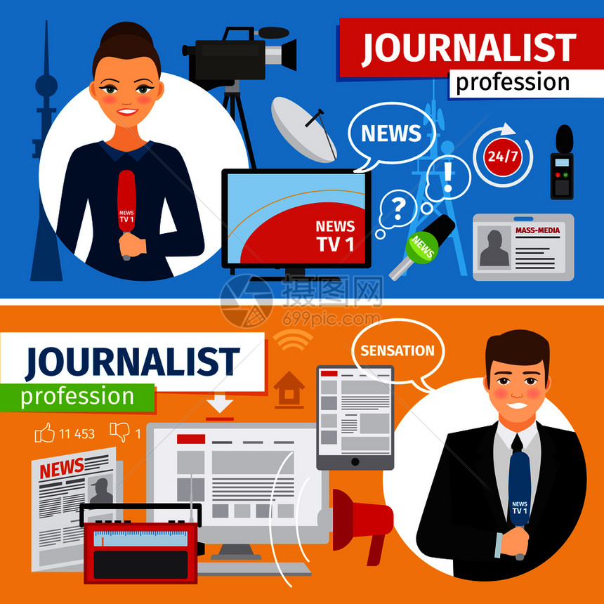 新闻和记者职业横旗集矢量图示新闻和记者职业横幅集图片