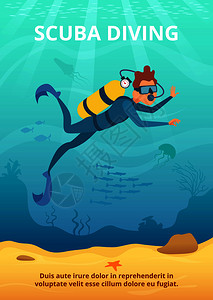 卡通潜水员在海底潜水矢量背景图片图片