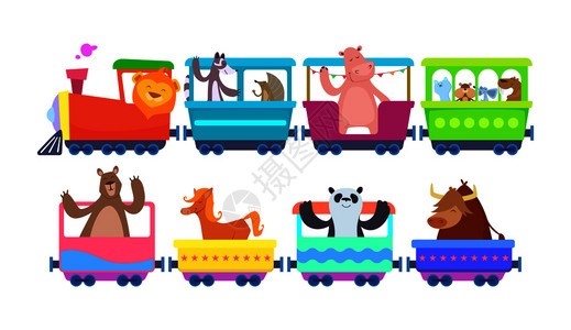小动物坐玩具火车卡通矢量插画图片