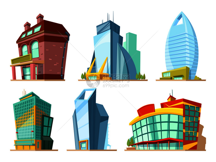 卡通风格现代城市建筑矢量插画图片