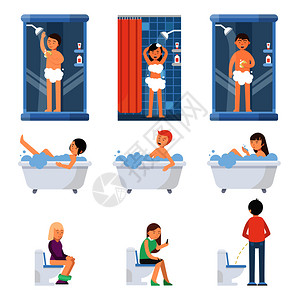 浴室人不同的人在浴室洗澡上厕所矢量背景图插画