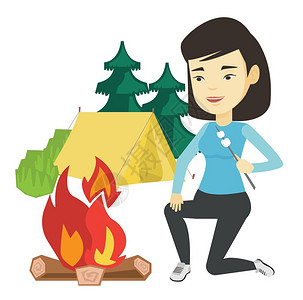露营篝火坐在营地附近烤棉花糖的人物插图设计图片