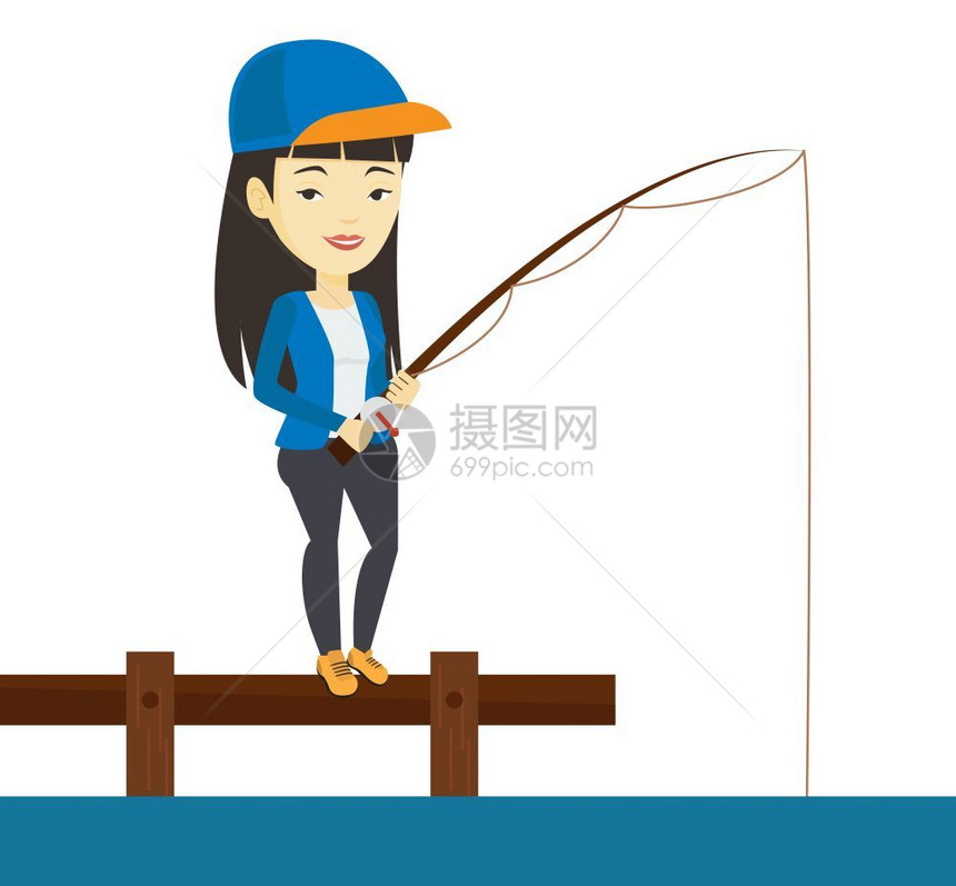 女渔夫在湖边码头拿着鱼竿钓鱼矢量图图片