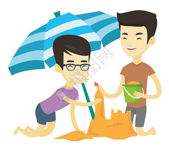 在海滩伞下建沙堡的年轻男人矢量插图图片