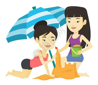 在海滩伞下建沙堡的年轻女人矢量插图图片