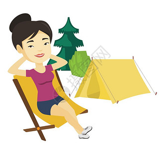 在露营中享受方式的女人卡通矢量插画图片