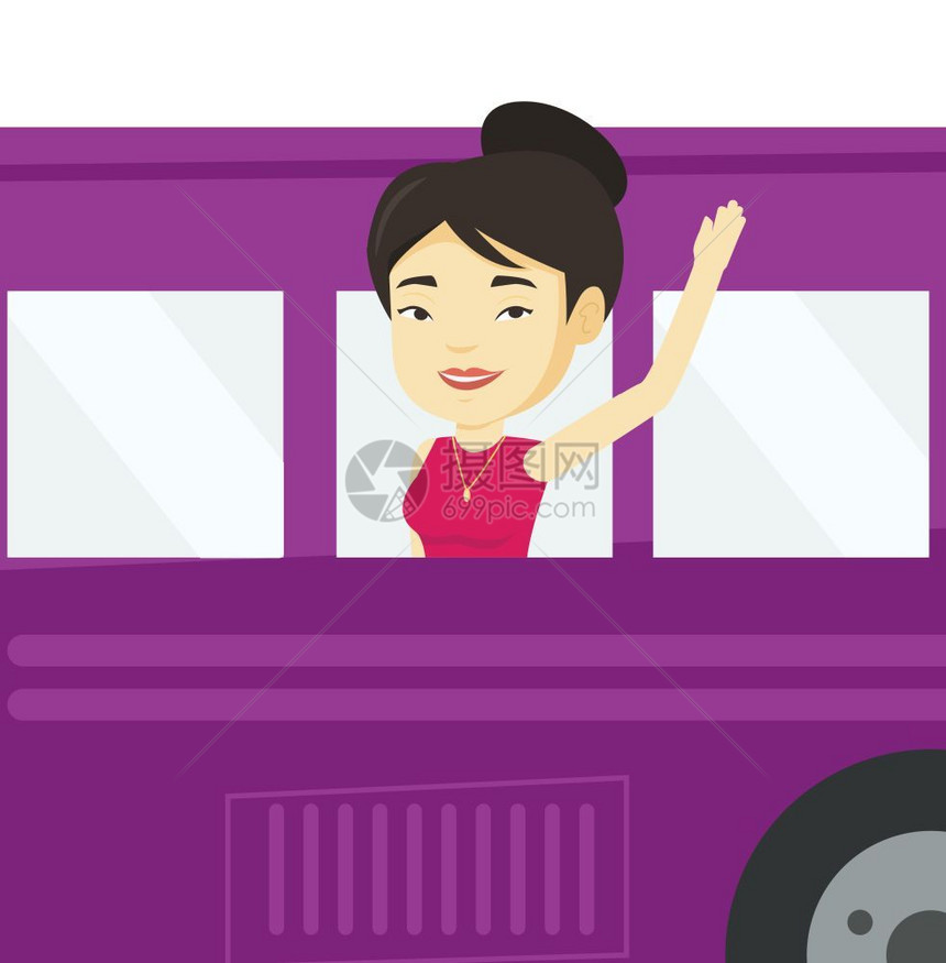 年轻女子愉快的乘客公共汽车矢量插图图片