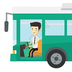 驾驶公共汽车的年轻男司机插画